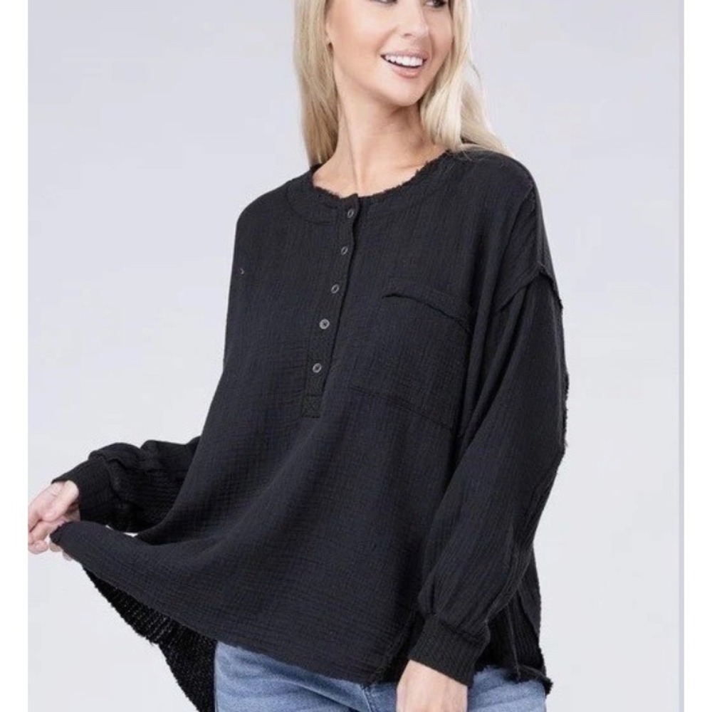Avec Les Filles Henley Top Black Double Gauze Cotton Raw Edge XS Oversized Boho